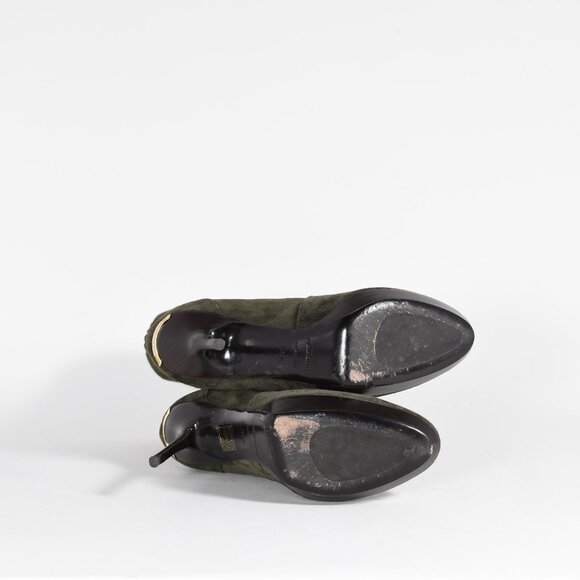 Burberry Olive Suede Ankle Boots with Gold Accents Size 37.5 Stiletto Heel - Picture 10 of 14